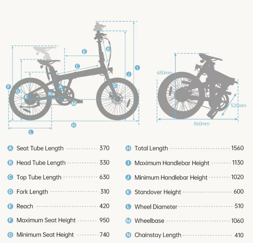Measurement chart of a bicycle with labeled dimensions on a white background