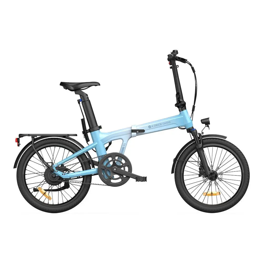 Light blue electric bike with black frame and wheels on a white background