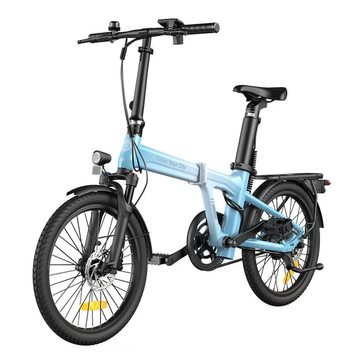 Blue folding bicycle on a white background