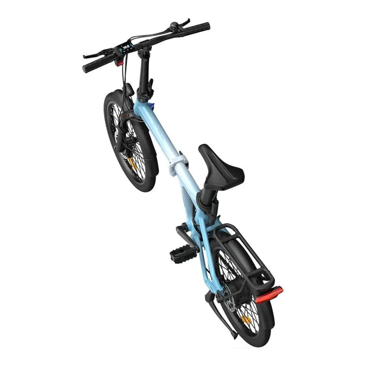 Blue and black folding bicycle on a white background