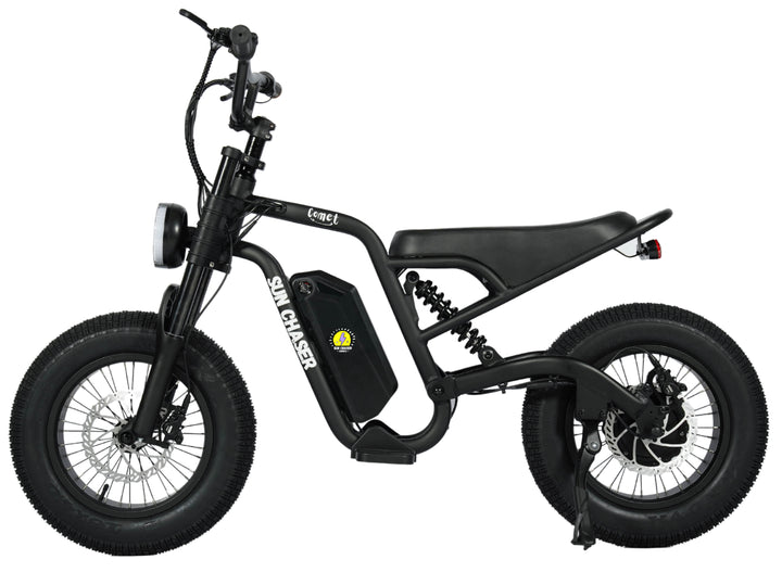 Black electric bike with visible branding on a white background