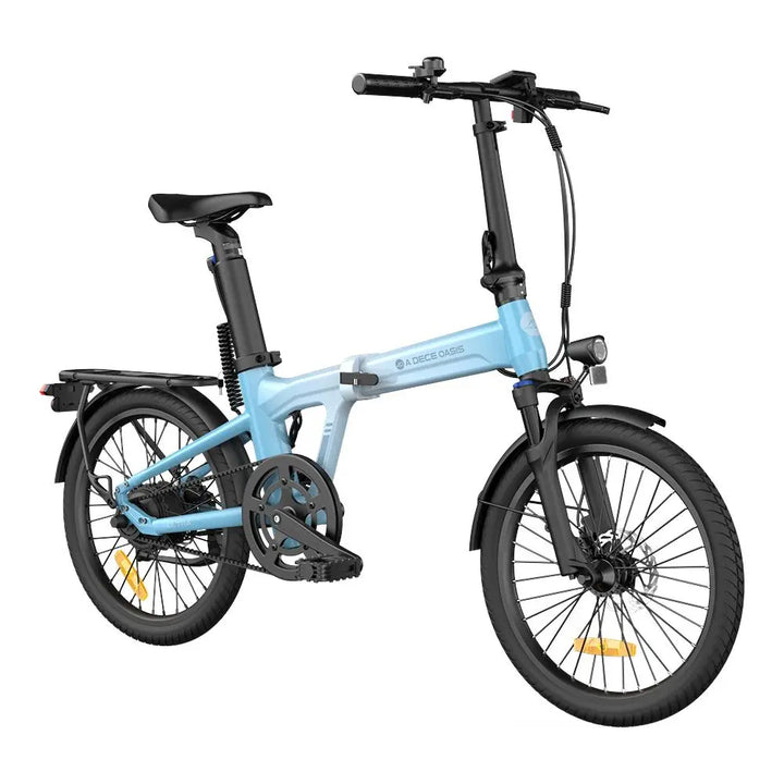 Light blue folding bicycle on a white background