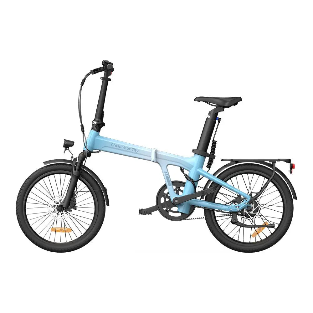 Blue folding bicycle on a white background
