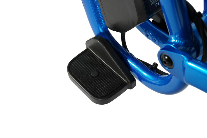 Close-up of a blue bicycle frame with a black pedal on a white background