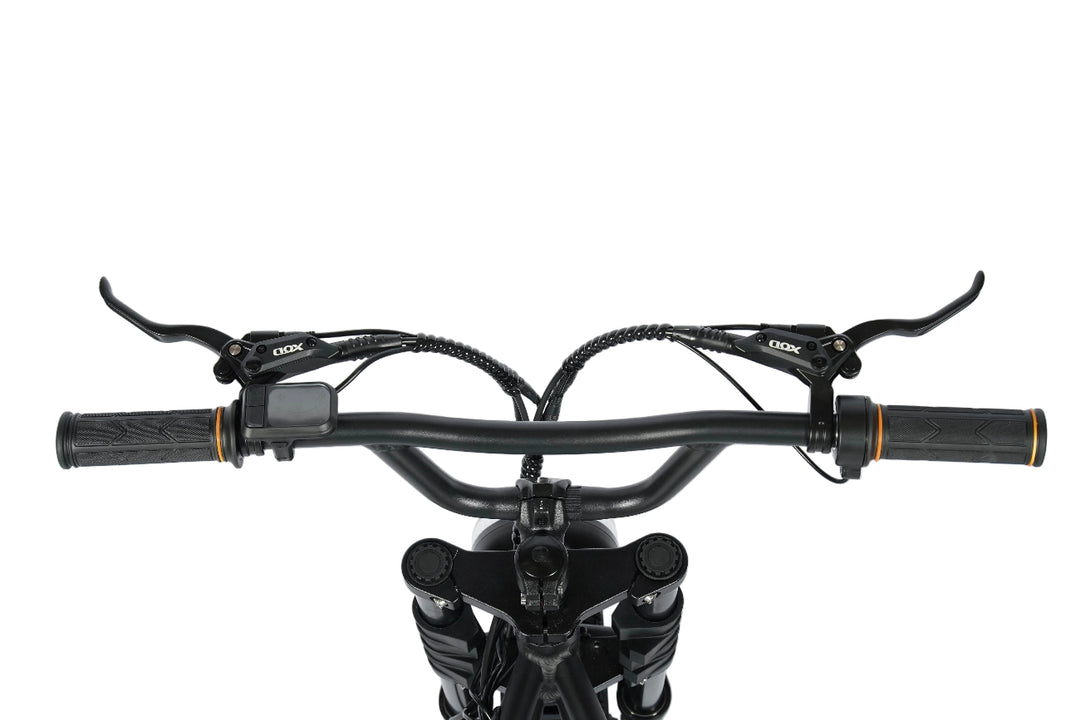 Close-up of a bicycle handlebar with black grips and brake levers on a white background