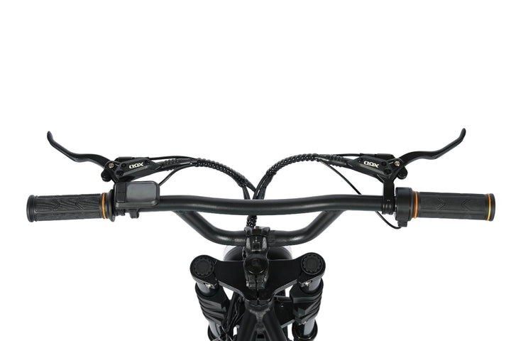 Close-up of a bicycle handlebar with black grips and brake levers on a white background