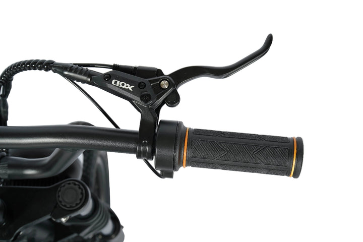 Close-up of a motorcycle handlebar with black grips and control levers on a white background