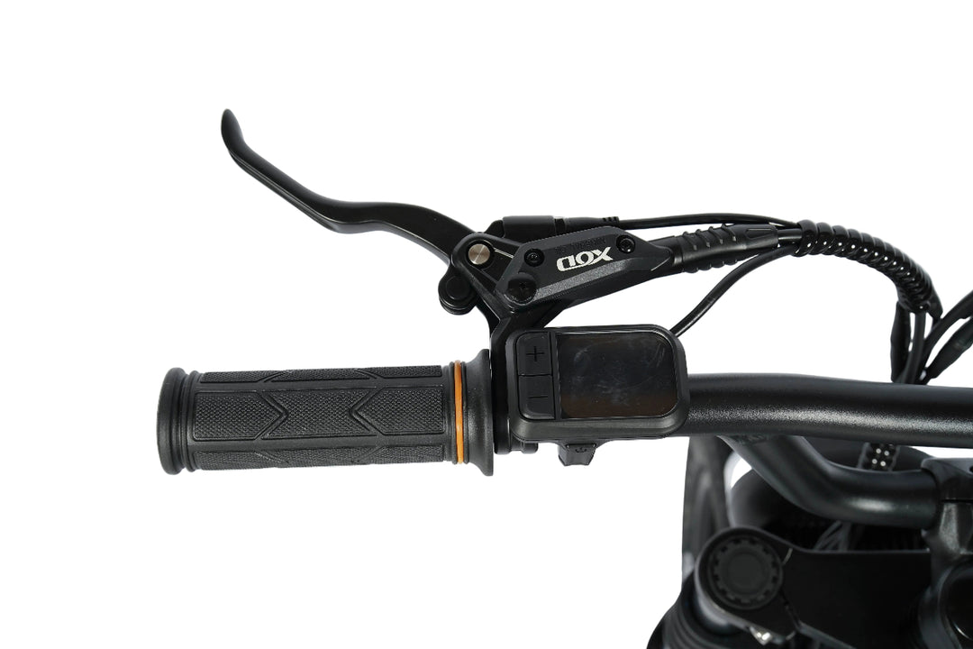 Close-up of motorcycle handlebar with black grips and control levers on a white background