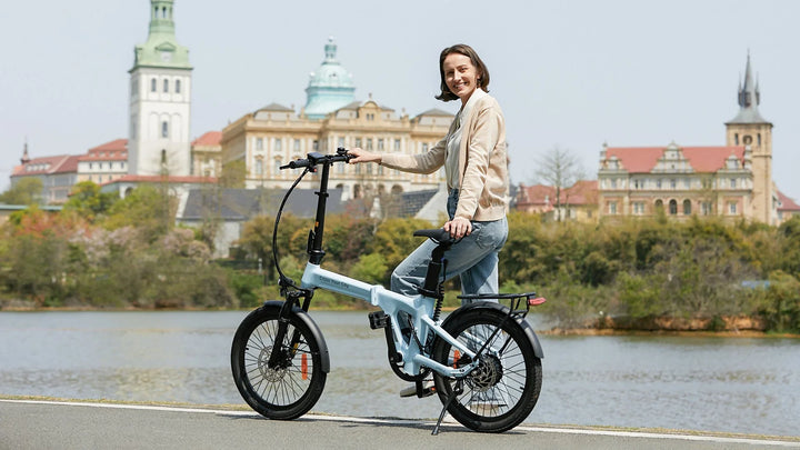 ADO Air 20 Ultra folding e-bike beside a riverside path