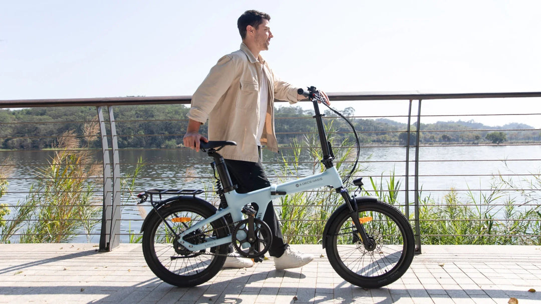 Rider walking with the ADO Air 20 Ultra folding e-bike
