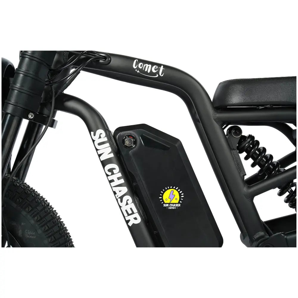 Close-up of a black electric bike with 'Sun Chaser' branding on a white background