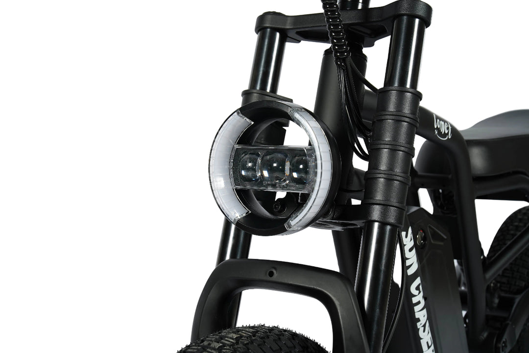 Close-up of a black electric bike with a white background