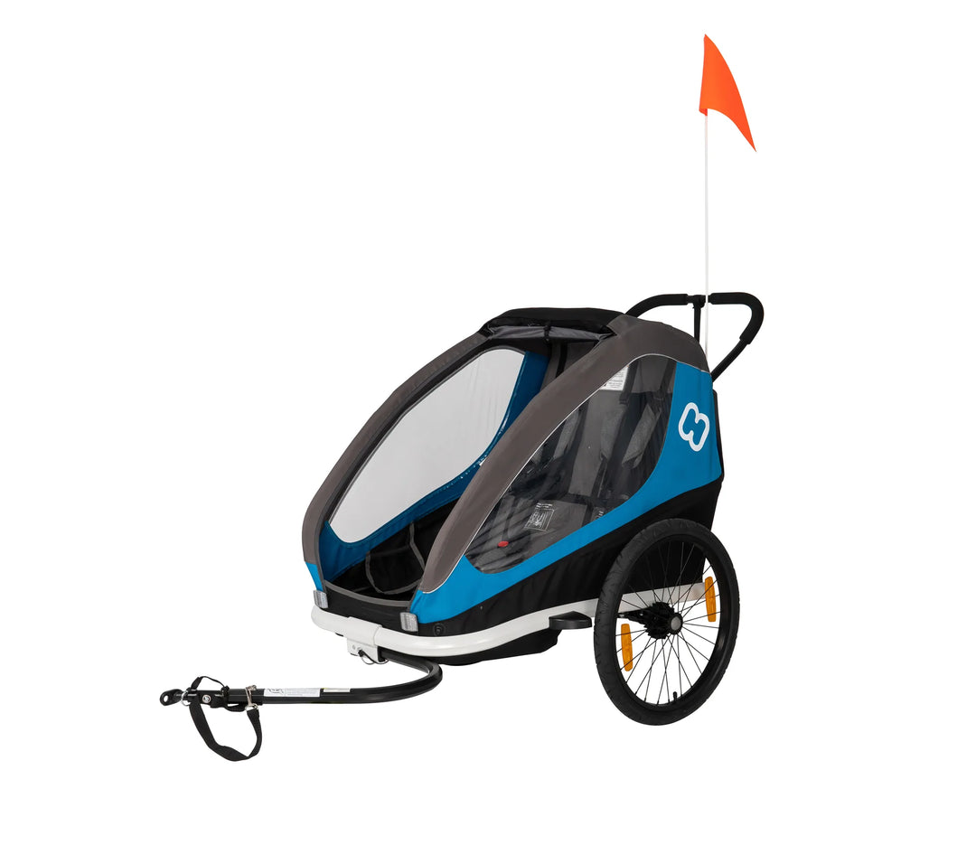 Hamax Traveller two-child bike trailer in blue with bike arm