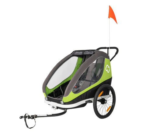 Hamax Traveller two-child bike trailer in green with bike arm