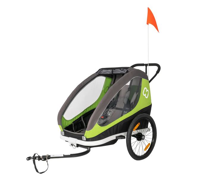 Hamax Traveller two-child bike trailer in green with bike arm