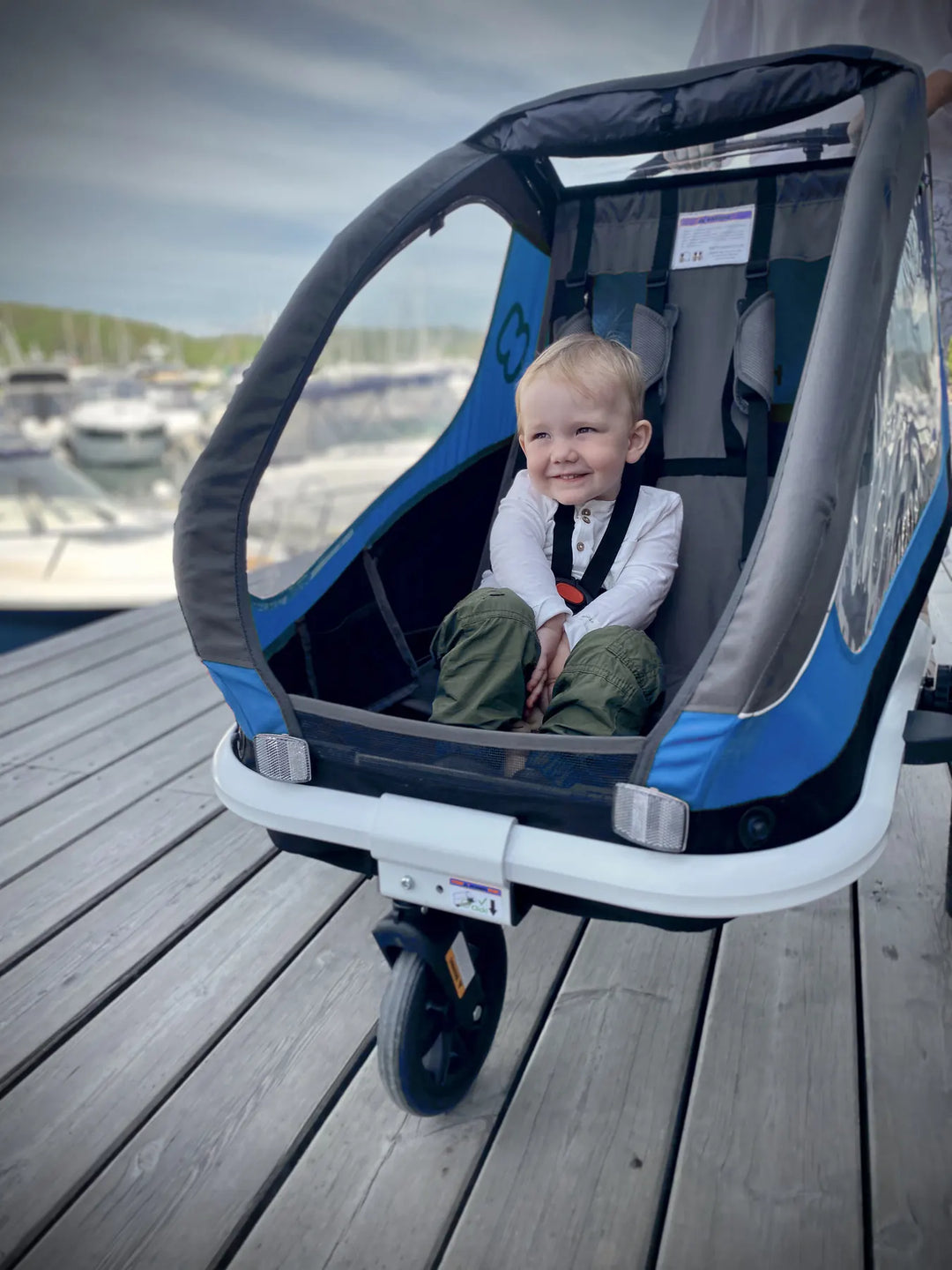 Child seated in the Hamax Traveller trailer with harness