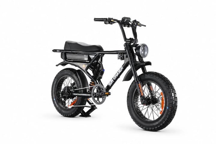 Sun Chaser AlphaV3 black electric bike — drive side front three quarter