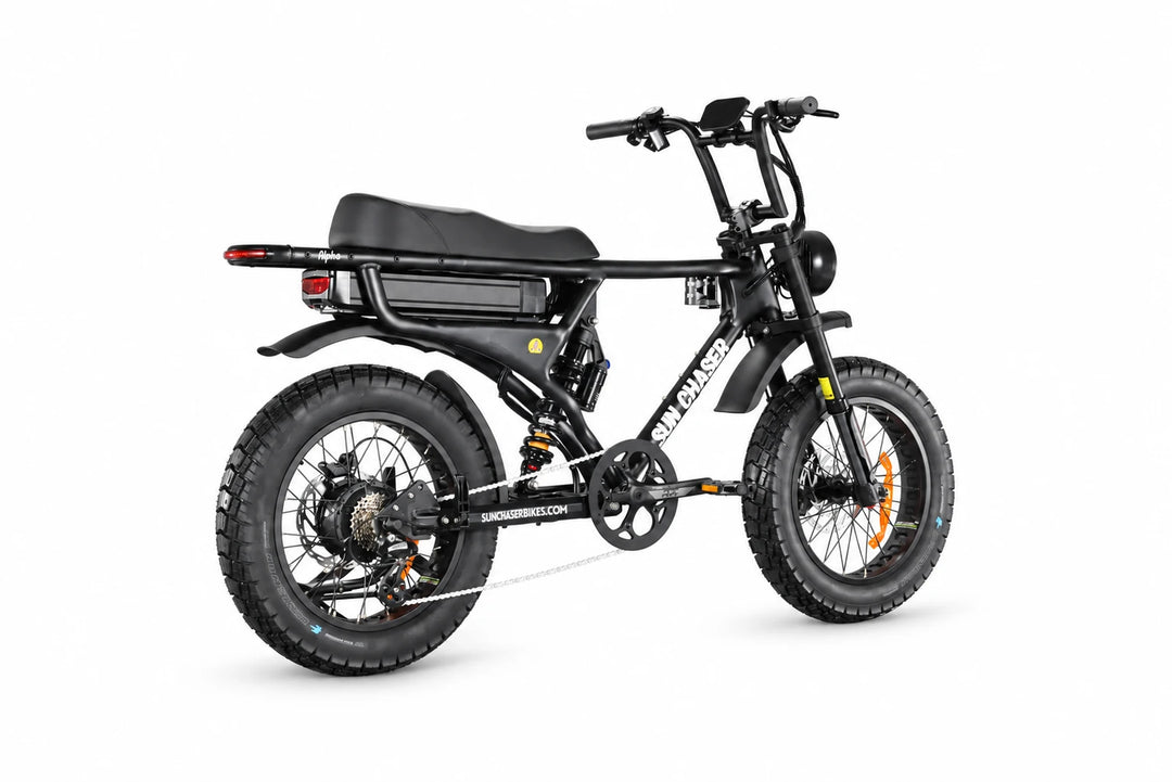 Sun Chaser AlphaV3 black electric bike — drive side rear three quarter