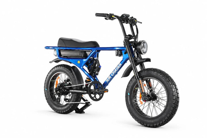 Sun Chaser AlphaV3 blue electric bike — drive side front three quarter