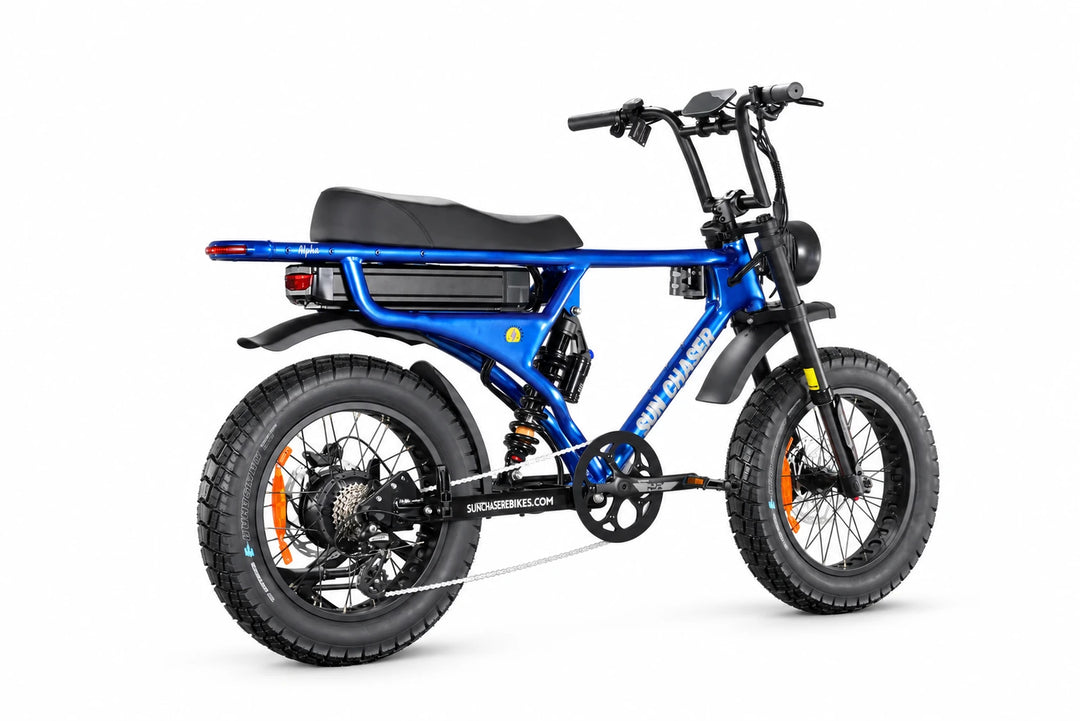 Sun Chaser AlphaV3 blue electric bike — drive side rear three quarter