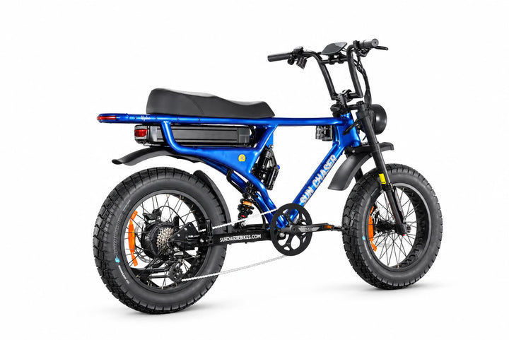 Sun Chaser AlphaV3 blue electric bike — drive side rear three quarter