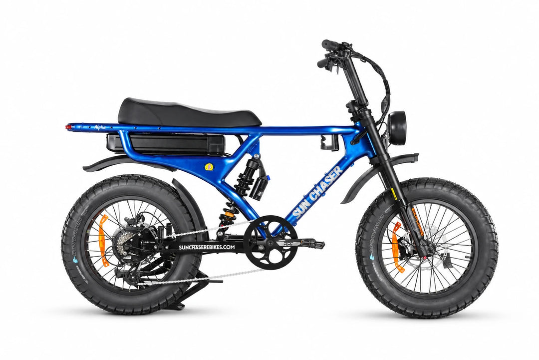 Sun Chaser AlphaV3 blue electric bike — drive-side profile