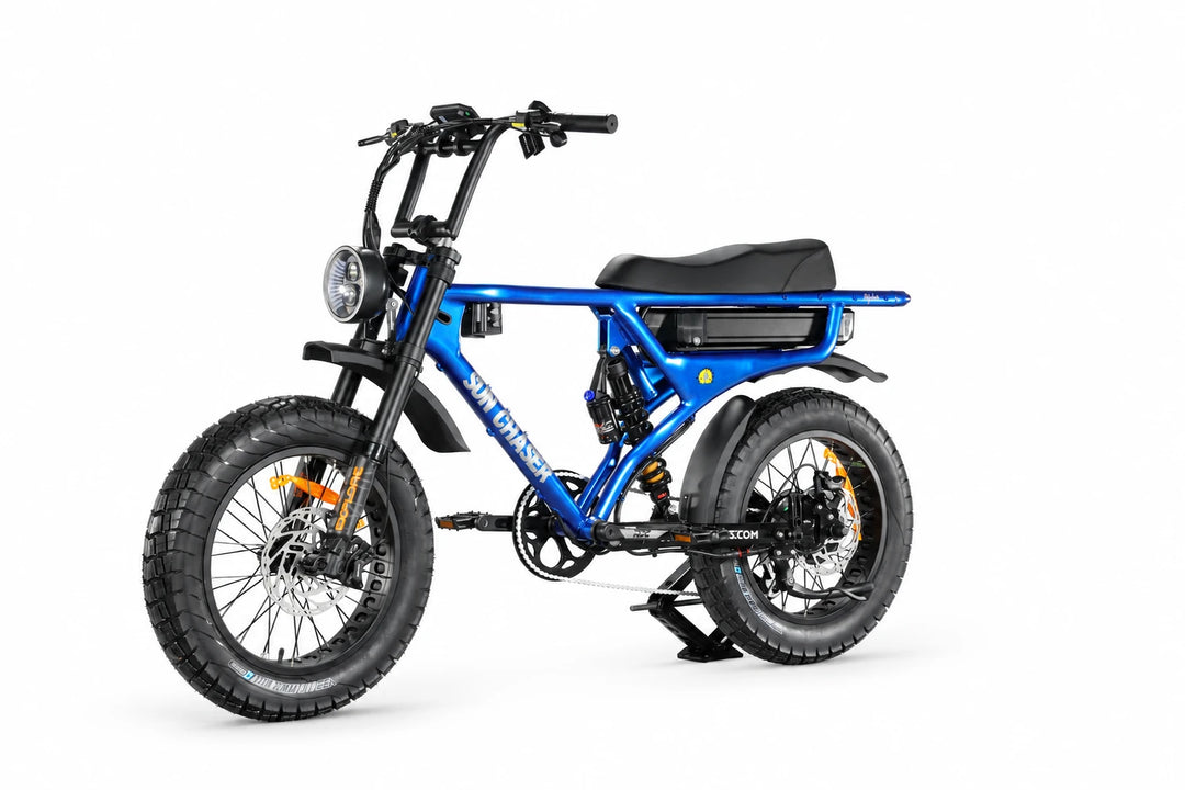 Sun Chaser AlphaV3 blue electric bike — non drive front three quarter