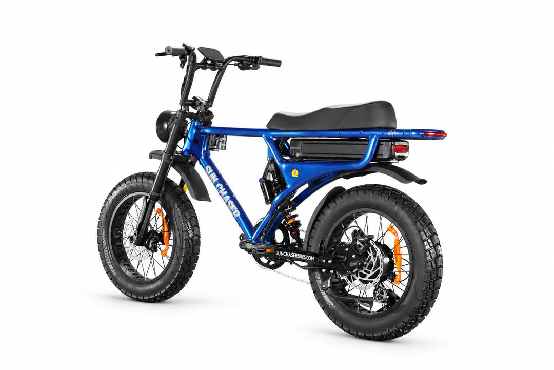 Sun Chaser AlphaV3 blue electric bike — non drive rear three quarter