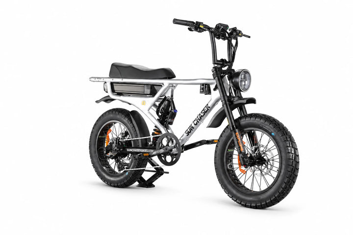 Sun Chaser AlphaV3 silver electric bike — drive side front three quarter