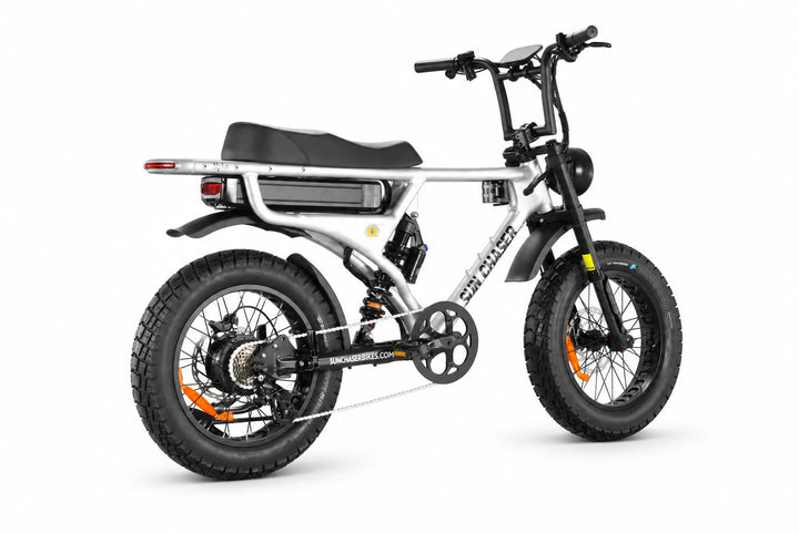 Sun Chaser AlphaV3 silver electric bike — drive side rear three quarter