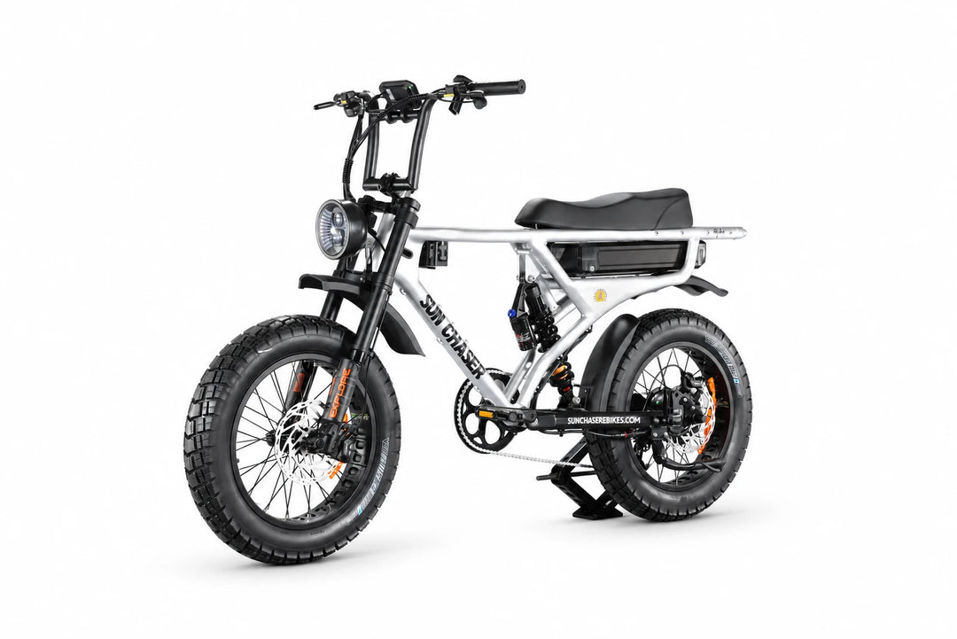Sun Chaser AlphaV3 silver electric bike — non drive front three quarter
