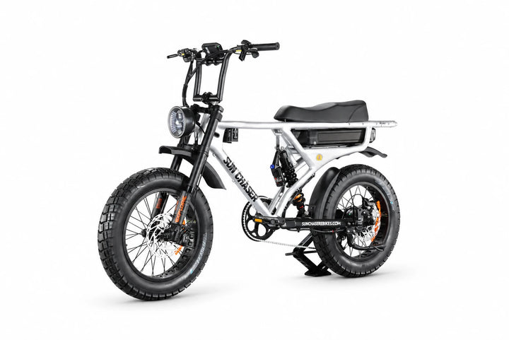 Sun Chaser AlphaV3 silver electric bike — non drive front three quarter