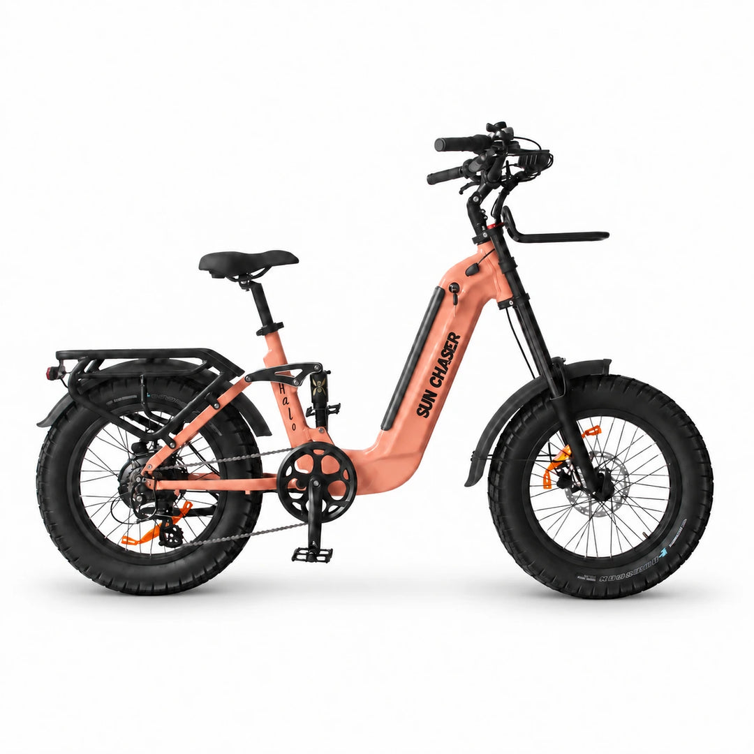 Sun Chaser Halo electric bike in pink, drive-side view