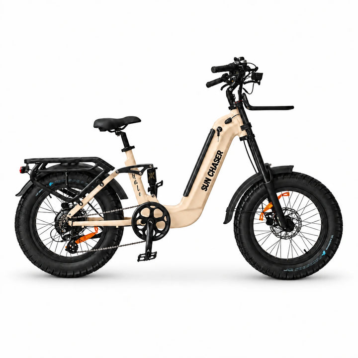 Sun Chaser Halo electric bike in sand, drive-side view