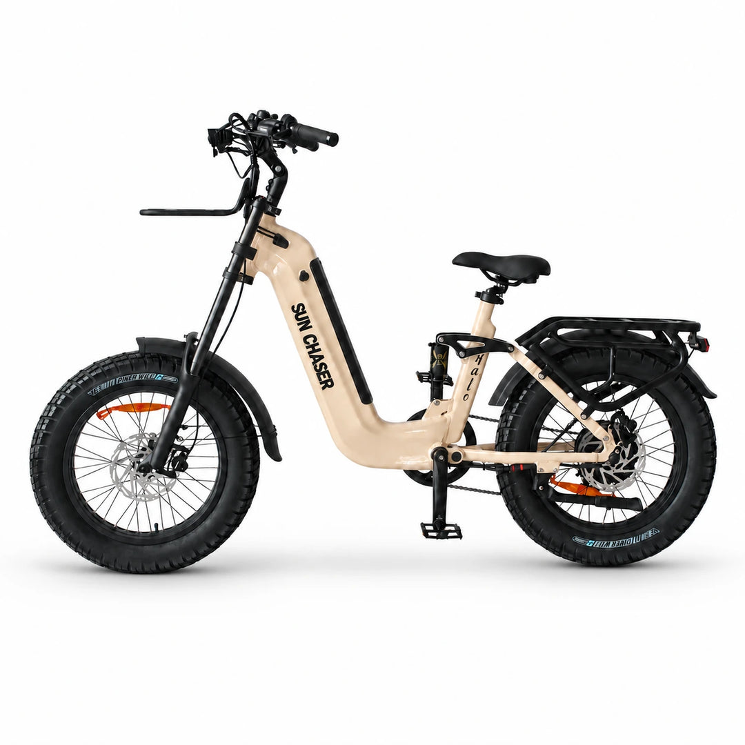 Sun Chaser Halo electric bike in sand, non-drive-side view