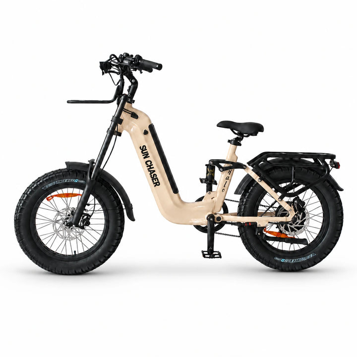 Sun Chaser Halo electric bike in sand, non-drive-side view