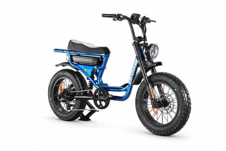 Sun Chaser NovaV3 blue electric bike — drive side front three quarter