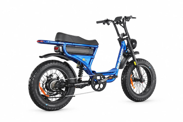 Sun Chaser NovaV3 blue electric bike — drive side rear three quarter