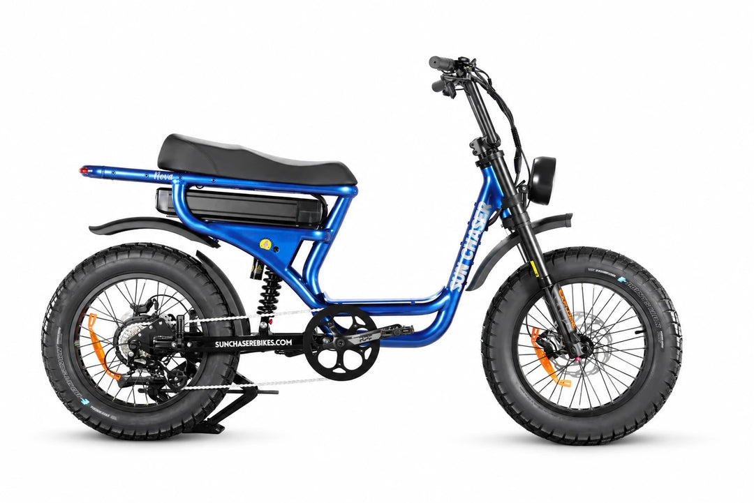 Sun Chaser NovaV3 blue electric bike — drive-side profile