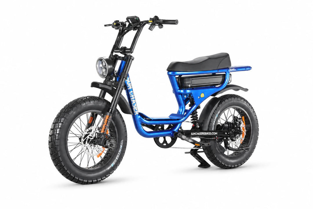Sun Chaser NovaV3 blue electric bike — non drive front three quarter