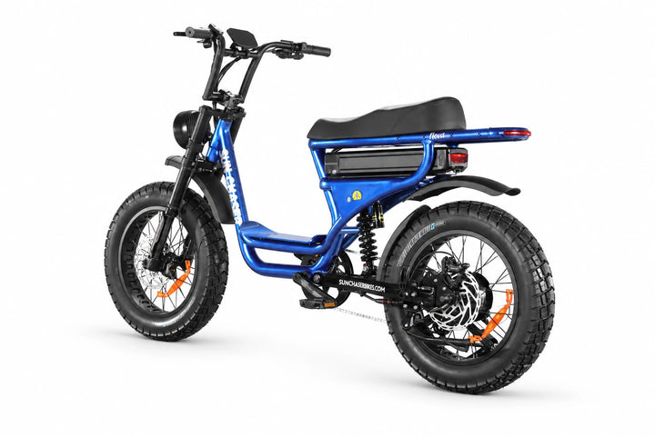 Sun Chaser NovaV3 blue electric bike — non drive rear three quarter