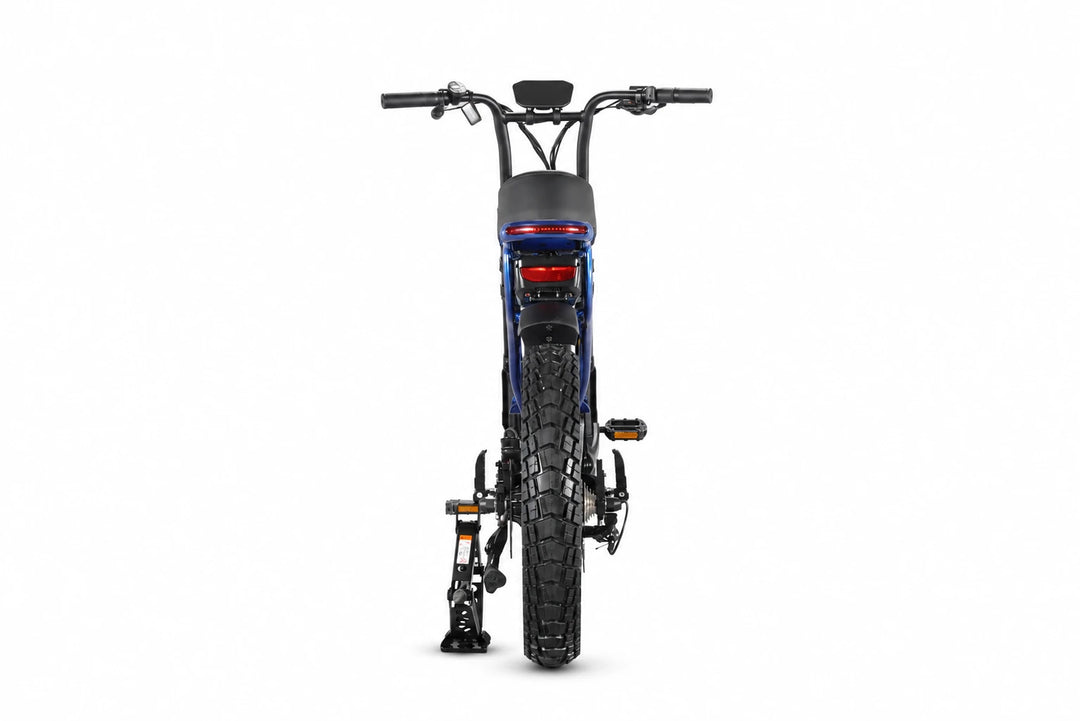 Sun Chaser NovaV3 blue electric bike — rear view