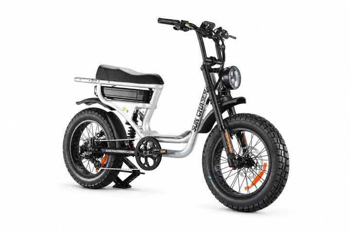 Sun Chaser NovaV3 silver electric bike — drive side front three quarter