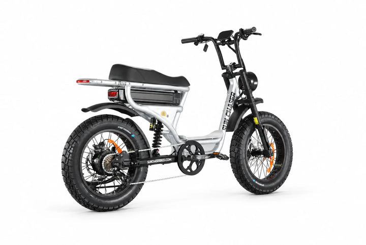 Sun Chaser NovaV3 silver electric bike — drive side rear three quarter
