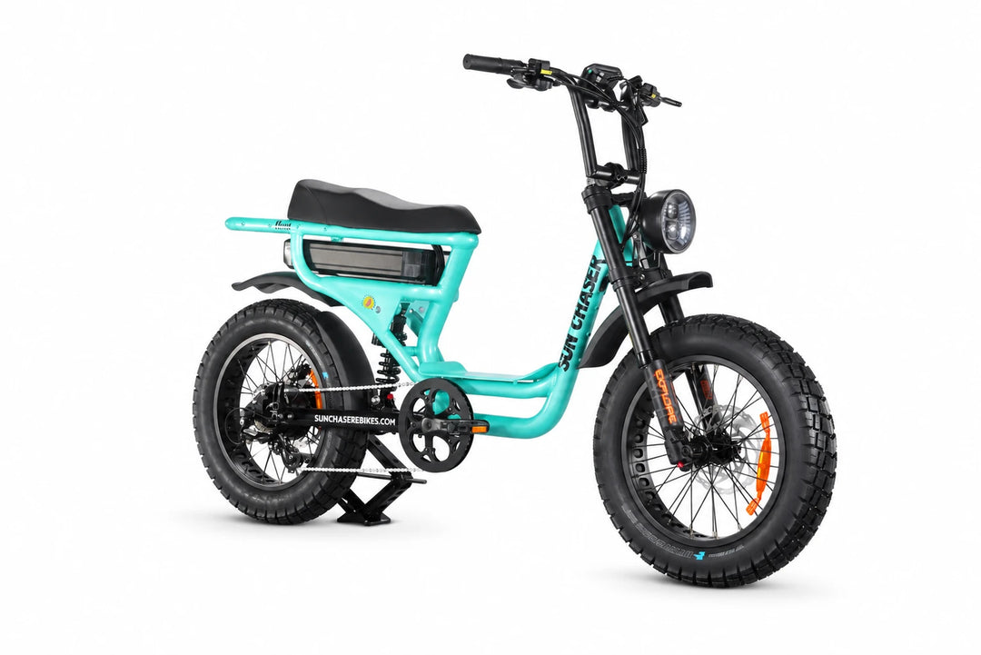 Sun Chaser NovaV3 turquoise electric bike — drive side front three quarter