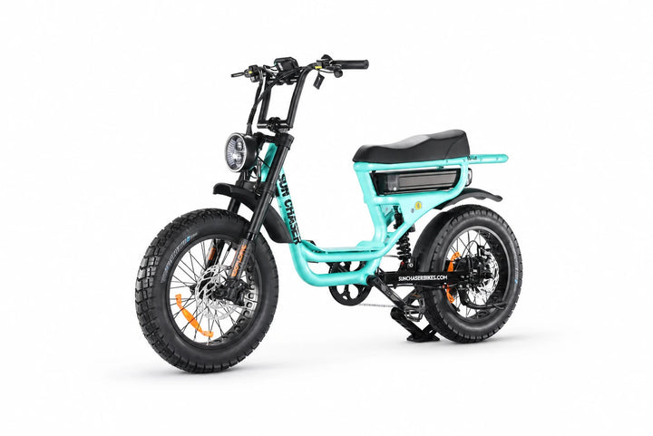Sun Chaser NovaV3 turquoise electric bike — non drive front three quarter