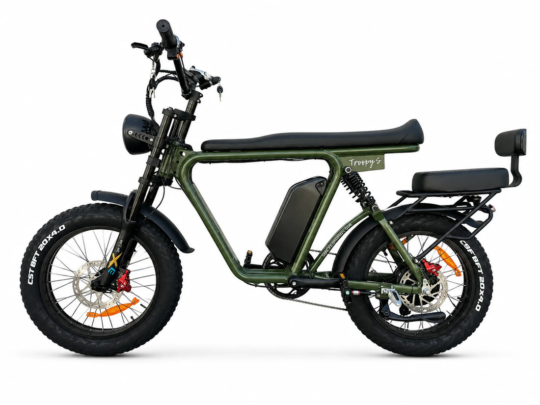 Green Troopy S family cargo ebike with passenger seat on white background