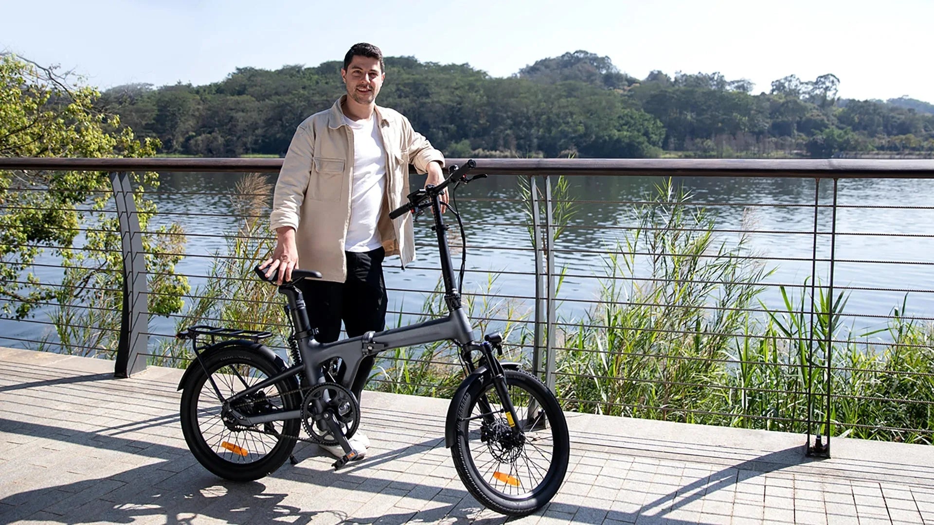 Rider with the ADO Air 20 Pro folding e-bike in everyday riding use