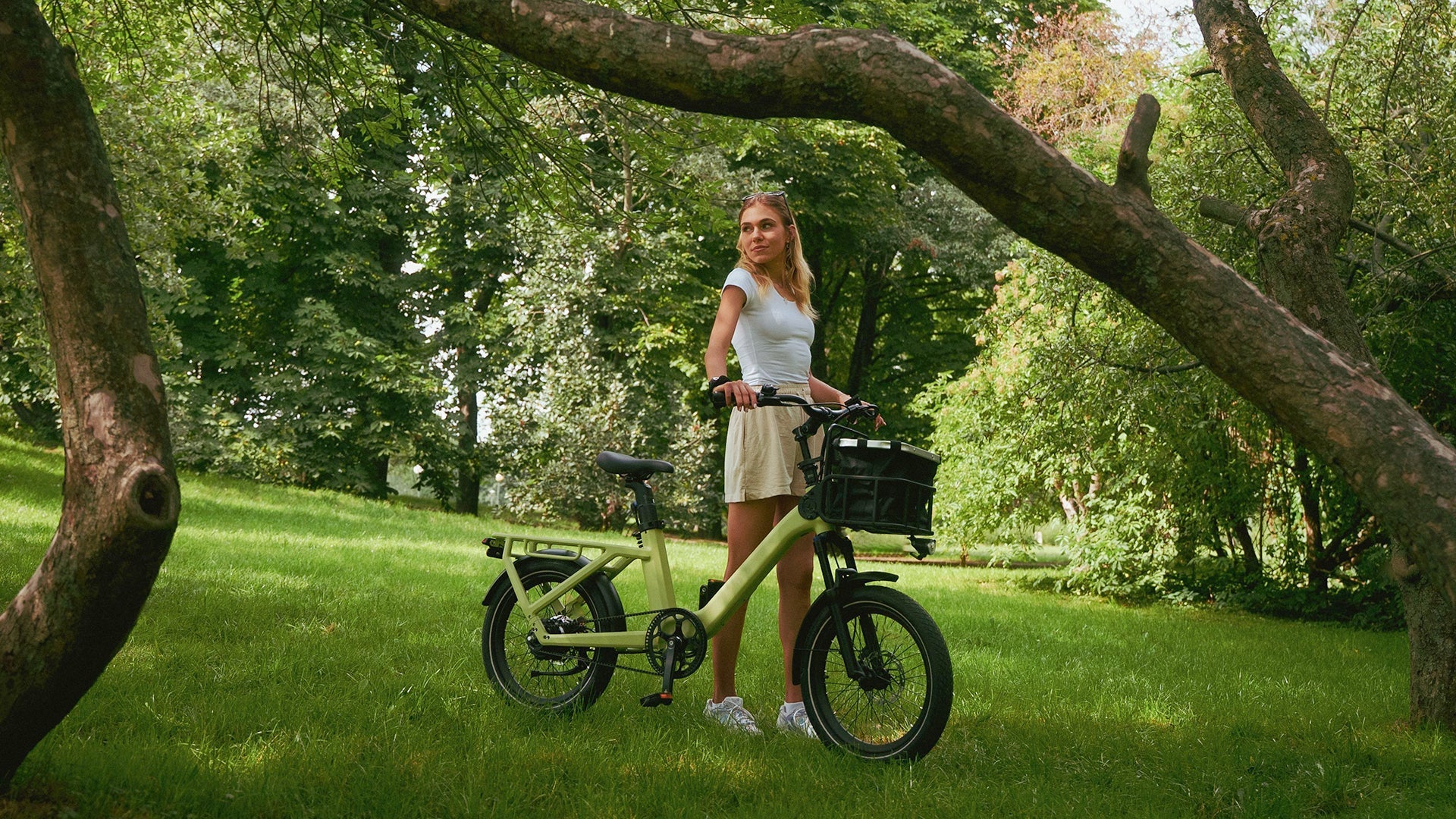 ADO Air One Pro family cargo e-bike in a park setting