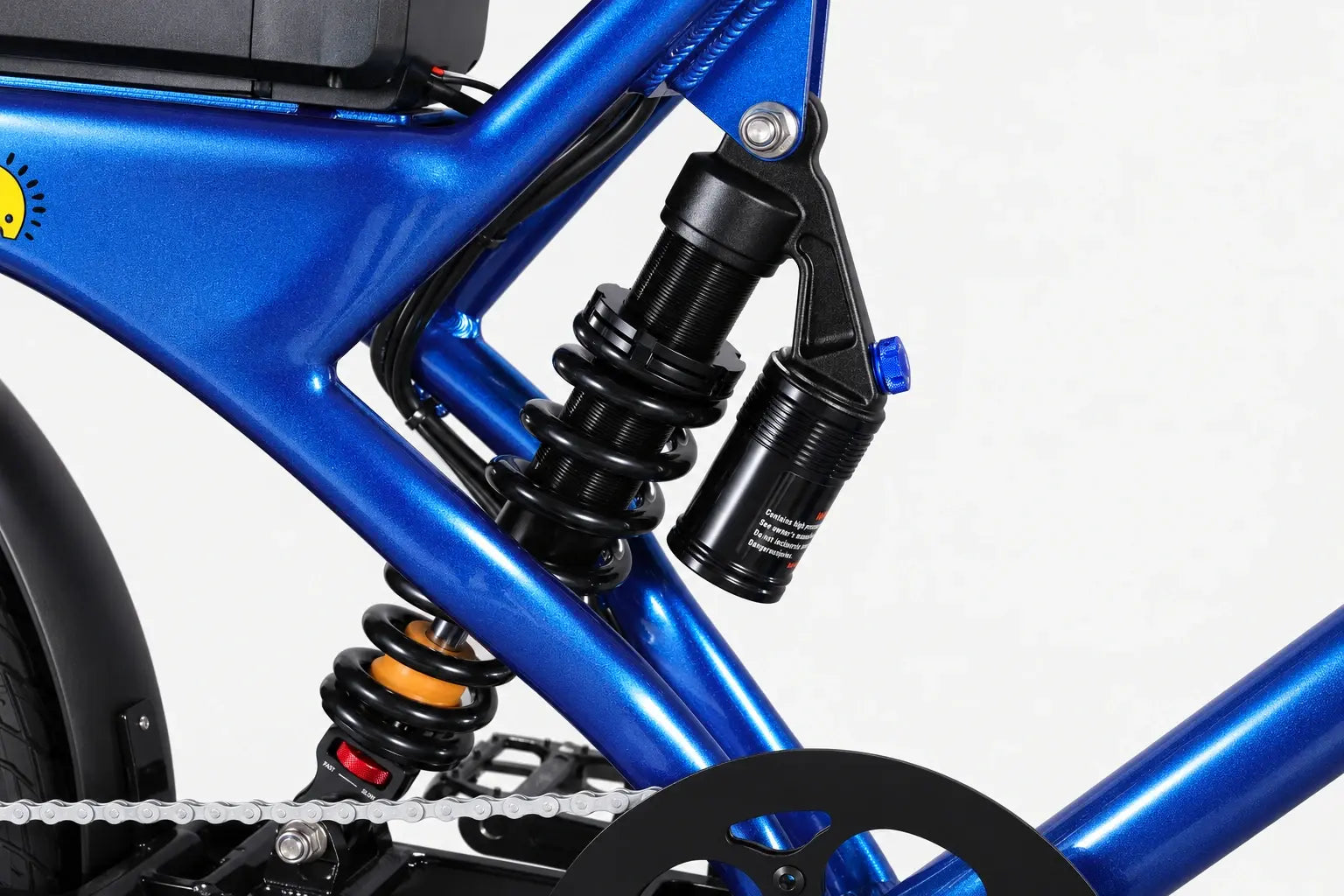Alpha V3 rear suspension shock and blue frame